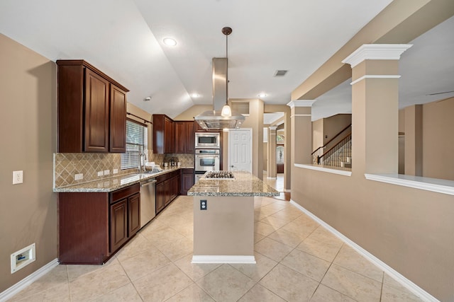 15015 Cozy Hollow Ln, Houston, TX 77044 - kitchen with appliances with stainless steel finishes, decorative columns, island exhaust hood, decorative backsplash, and light stone countertops