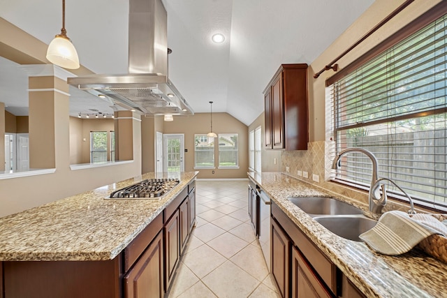 15015 Cozy Hollow Ln, Houston, TX 77044 - kitchen featuring island range hood, light tile patterned floors, tasteful backsplash, light stone counters, and lofted ceiling