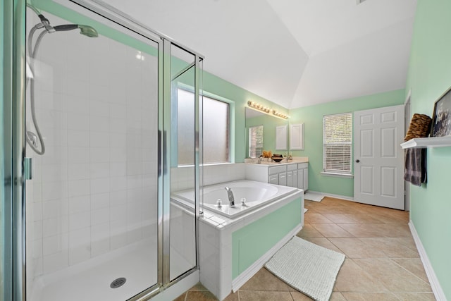 15015 Cozy Hollow Ln, Houston, TX 77044 - full bath with vanity, a stall shower, a bath, and vaulted ceiling