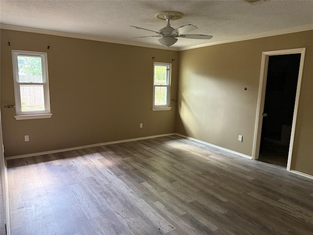 4706 Owens Creek Ln, Spring, TX 77388 - empty room featuring a textured ceiling, ceiling fan, wood finished floors, and ornamental molding