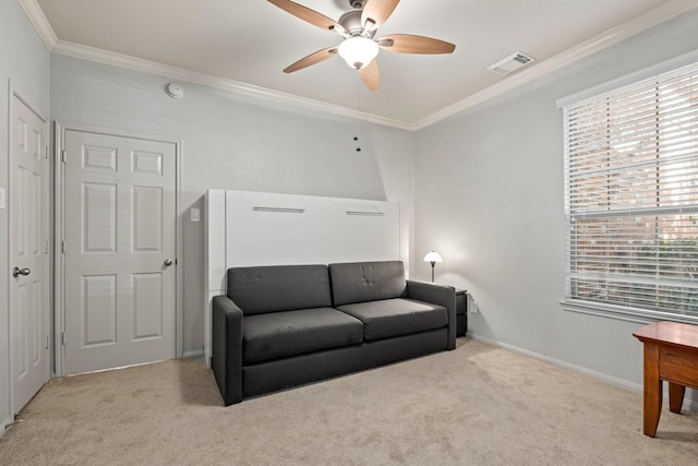 14402 Hazeldale Dr, Cypress, TX 77429 - living area with carpet flooring, a ceiling fan, and ornamental molding