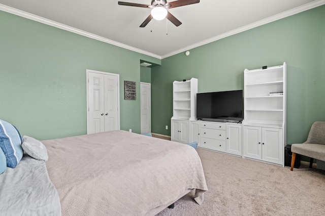 14402 Hazeldale Dr, Cypress, TX 77429 - carpeted bedroom with ornamental molding and a ceiling fan
