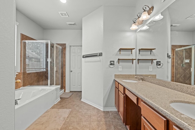 14402 Hazeldale Dr, Cypress, TX 77429 - bathroom with double vanity, a shower stall, a bath, and tile patterned flooring