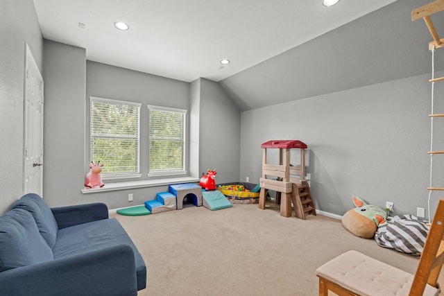 14402 Hazeldale Dr, Cypress, TX 77429 - playroom featuring carpet floors, recessed lighting, and vaulted ceiling