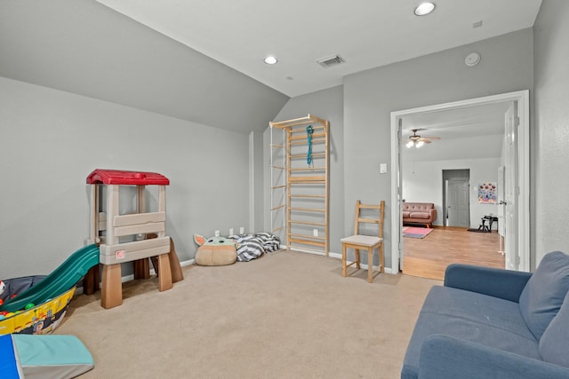 14402 Hazeldale Dr, Cypress, TX 77429 - game room with vaulted ceiling, recessed lighting, ceiling fan, and carpet flooring