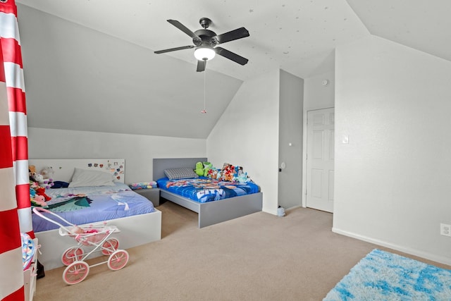 14402 Hazeldale Dr, Cypress, TX 77429 - carpeted bedroom with vaulted ceiling and a ceiling fan