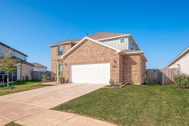 5703 Morning Vista Rd, Katy, TX 77493 - traditional home with brick siding, board and batten siding, concrete driveway, and an attached garage