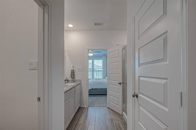 5703 Morning Vista Rd, Katy, TX 77493 - ensuite bathroom featuring a shower stall, wood tiled floors, vanity, and ceiling fan