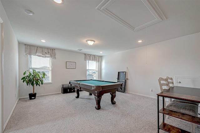 5703 Morning Vista Rd, Katy, TX 77493 - game room featuring attic access, light colored carpet, pool table, and recessed lighting