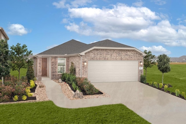 21115 Montego Bay Dr, Cypress, TX 77433 - ranch-style house featuring brick siding, a garage, driveway, a front yard, and a shingled roof