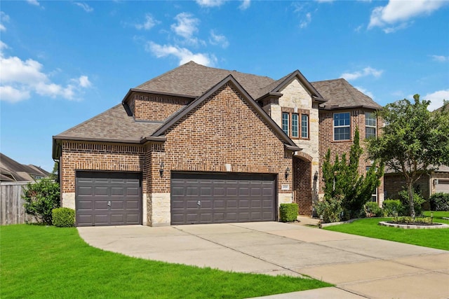 4306 Dalea Clover Ln, Manvel, TX 77578 - french country style house with brick siding, concrete driveway, a shingled roof, a garage, and stone siding