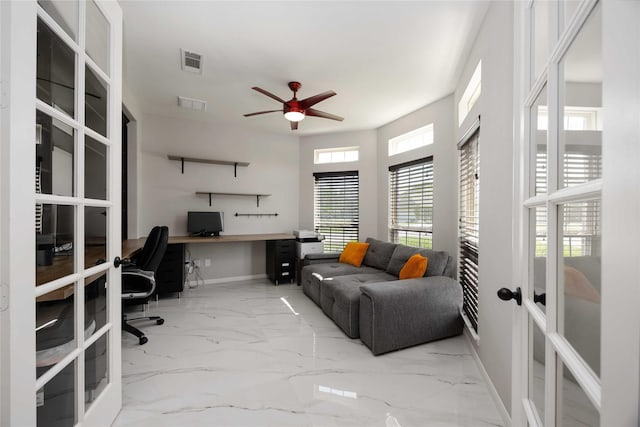 4306 Dalea Clover Ln, Manvel, TX 77578 - home office with a ceiling fan, french doors, and marble finish floors