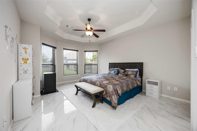 4306 Dalea Clover Ln, Manvel, TX 77578 - bedroom with a tray ceiling, crown molding, light marble finish flooring, and ceiling fan