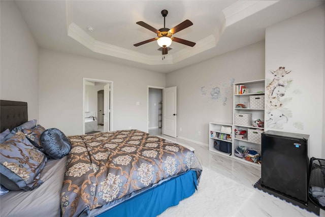 4306 Dalea Clover Ln, Manvel, TX 77578 - bedroom featuring a tray ceiling, crown molding, marble look tile flooring, and ceiling fan