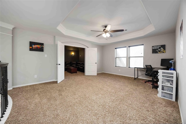 4306 Dalea Clover Ln, Manvel, TX 77578 - office area with a raised ceiling, a ceiling fan, light carpet, and ornamental molding