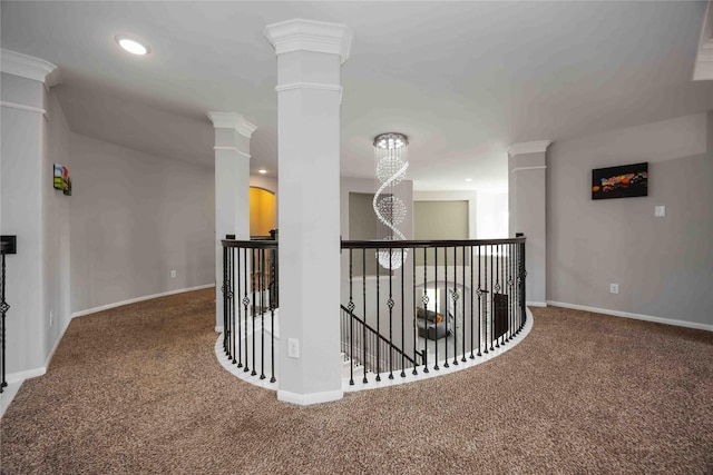 4306 Dalea Clover Ln, Manvel, TX 77578 - hallway featuring carpet, an upstairs landing, decorative columns, and recessed lighting