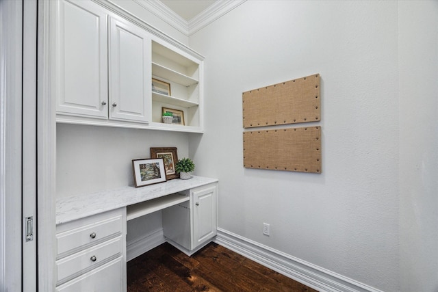 106 Melody Ln, Friendswood, TX 77546 - office area with built in desk, crown molding, and dark wood-type flooring