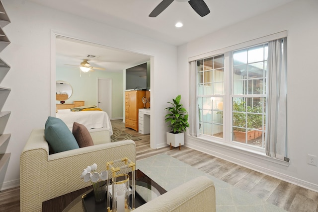4018 Shady Springs Dr, Seabrook, TX 77586 - living room featuring ceiling fan, wood finished floors, and recessed lighting