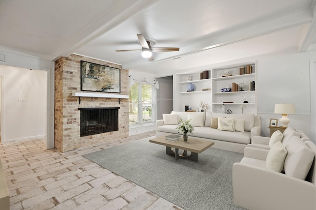 4018 Shady Springs Dr, Seabrook, TX 77586 - living room with brick flooring, ceiling fan, a fireplace, beamed ceiling, and crown molding