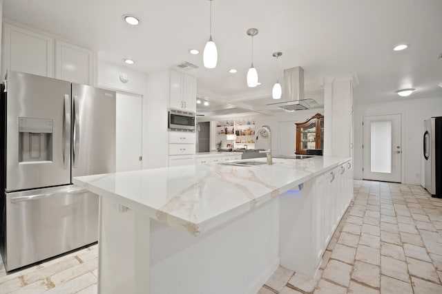 4018 Shady Springs Dr, Seabrook, TX 77586 - kitchen featuring appliances with stainless steel finishes, white cabinetry, recessed lighting, light stone counters, and decorative light fixtures