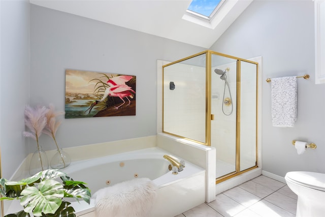 4311 Pebble Beach Dr, League City, TX 77573 - full bath with a skylight, a jetted tub, a stall shower, tile patterned floors, and lofted ceiling