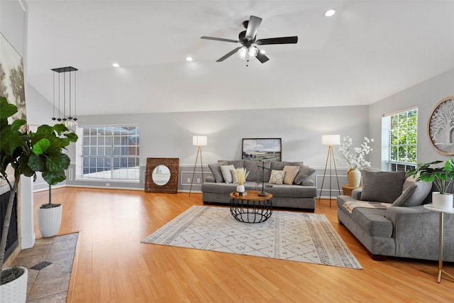 4311 Pebble Beach Dr, League City, TX 77573 - living room with wood finished floors, a ceiling fan, recessed lighting, and vaulted ceiling