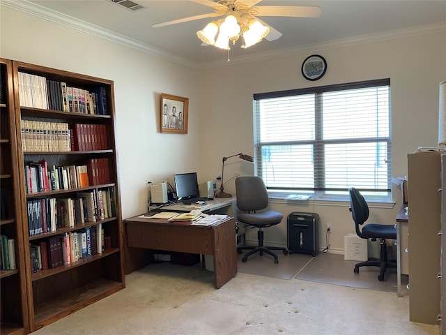 30 Piper Ln, Normangee, TX 77871 - office space with ceiling fan, crown molding, and carpet flooring