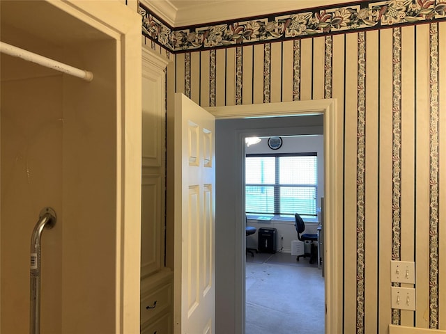 30 Piper Ln, Normangee, TX 77871 - corridor featuring an office area, carpet, and ornamental molding