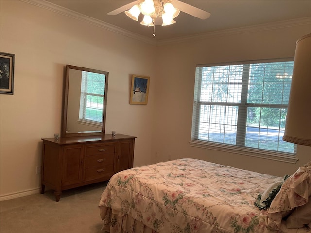 30 Piper Ln, Normangee, TX 77871 - bedroom with light colored carpet, ornamental molding, and ceiling fan