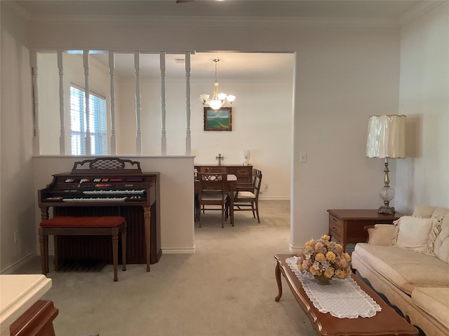 30 Piper Ln, Normangee, TX 77871 - living room featuring a chandelier, ornamental molding, and light carpet