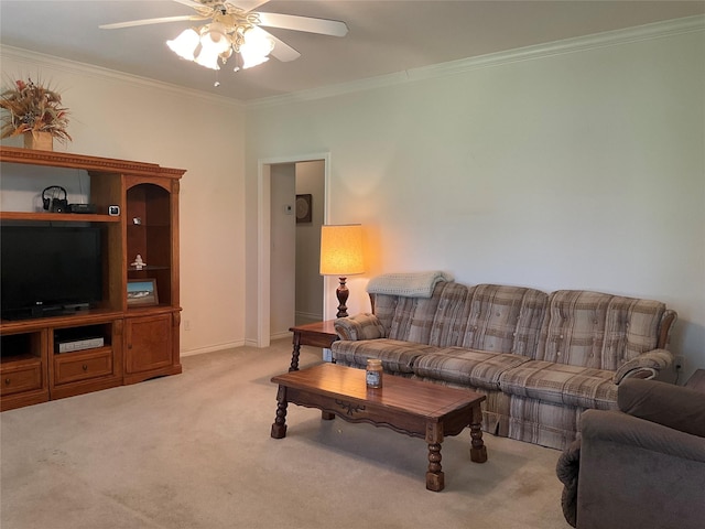 30 Piper Ln, Normangee, TX 77871 - living room featuring ceiling fan, ornamental molding, and light colored carpet