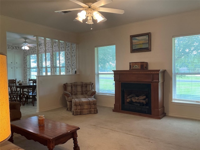 30 Piper Ln, Normangee, TX 77871 - carpeted living room featuring a ceiling fan, healthy amount of natural light, crown molding, and a fireplace