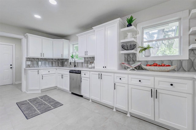5226 Sanford Rd, Houston, TX 77035 - kitchen featuring open shelves, dishwasher, light countertops, and recessed lighting