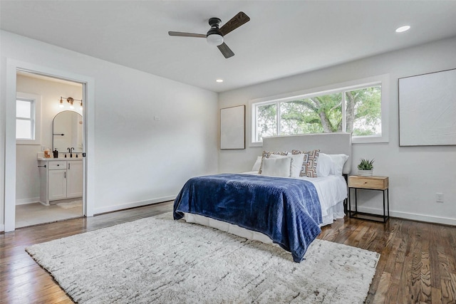 5226 Sanford Rd, Houston, TX 77035 - bedroom with wood finished floors, ensuite bath, recessed lighting, and ceiling fan