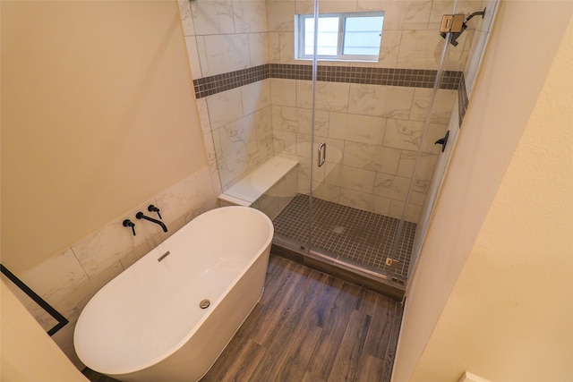5213 Pinemont Creek Ln, Houston, TX 77018 - full bath with a shower stall, a freestanding bath, and wood finished floors