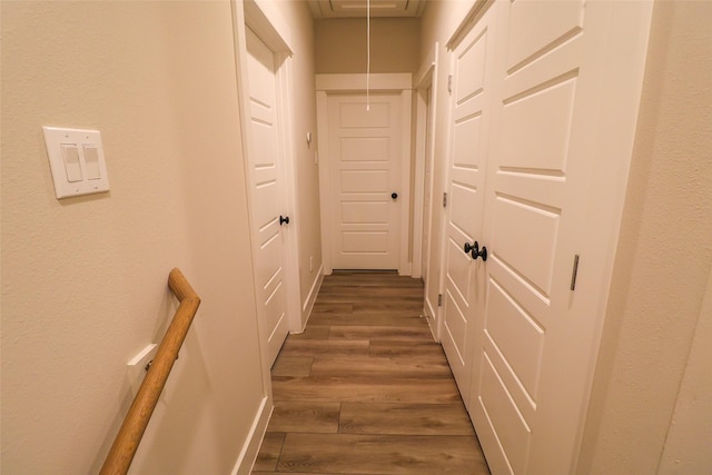 5213 Pinemont Creek Ln, Houston, TX 77018 - corridor with attic access, dark wood-style flooring, and an upstairs landing