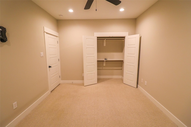 5213 Pinemont Creek Ln, Houston, TX 77018 - unfurnished bedroom featuring light colored carpet, recessed lighting, a ceiling fan, and a closet