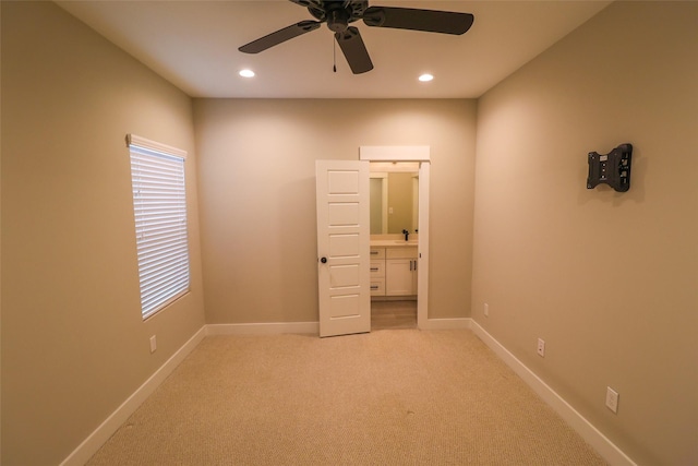 5213 Pinemont Creek Ln, Houston, TX 77018 - unfurnished bedroom with light colored carpet, recessed lighting, ceiling fan, and ensuite bathroom