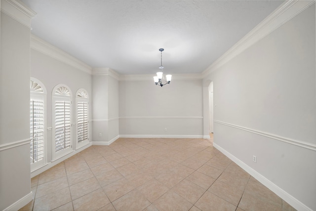 16426 Torry View Ter, Houston, TX 77095 - empty room with a chandelier, crown molding, light tile patterned flooring, and arched walkways
