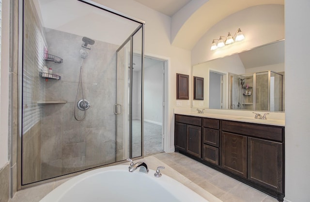 3605 Dolan Trail Ct, Pearland, TX 77584 - bathroom featuring a stall shower, double vanity, and a bath