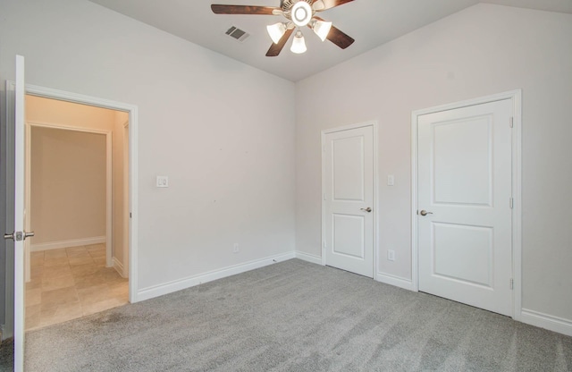 3605 Dolan Trail Ct, Pearland, TX 77584 - unfurnished bedroom with vaulted ceiling, carpet flooring, and ceiling fan