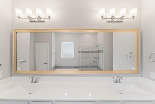 14315 Summer Prairie Trl, Cypress, TX 77433 - bathroom with double vanity and a stall shower