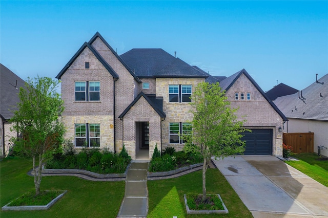 14315 Summer Prairie Trl, Cypress, TX 77433 - french country style house with stone siding, driveway, a garage, and brick siding