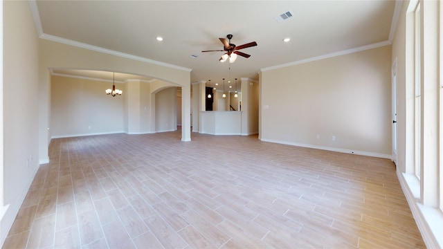 175 Sycamore, Lumberton, TX 77657 - unfurnished living room featuring arched walkways, ceiling fan, ornamental molding, light wood-style flooring, and a chandelier