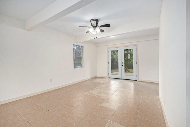 1605 30th St N, Texas City, TX 77590 - spare room with french doors, ceiling fan, light tile patterned flooring, and beamed ceiling