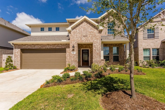 8506 Belfast Manor Ln, Richmond, TX 77407 - view of front of home featuring concrete driveway, a front yard, brick siding, a garage, and roof with shingles