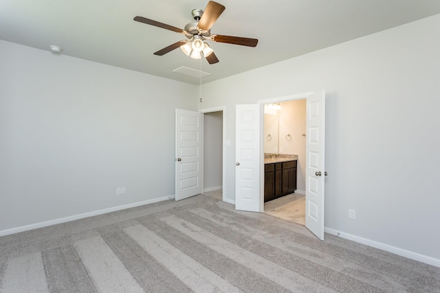 8506 Belfast Manor Ln, Richmond, TX 77407 - unfurnished bedroom with light carpet, ensuite bath, and a ceiling fan