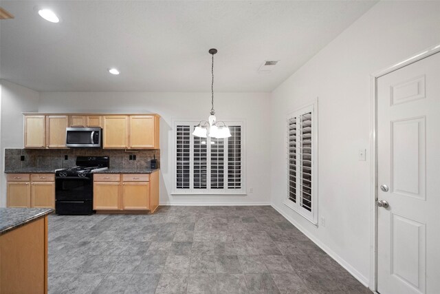 8014 Sports Haven Dr, Humble, TX 77346 - kitchen featuring stainless steel microwave, black gas range, light brown cabinetry, a chandelier, and dark countertops