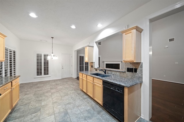 8014 Sports Haven Dr, Humble, TX 77346 - kitchen with black dishwasher, light brown cabinetry, backsplash, and recessed lighting