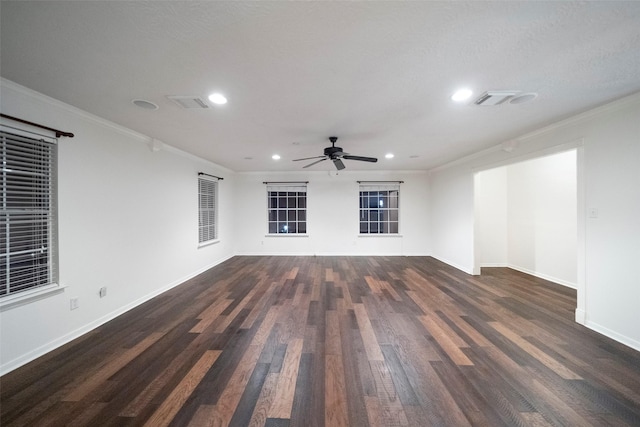 8014 Sports Haven Dr, Humble, TX 77346 - empty room featuring recessed lighting, ornamental molding, dark wood-style flooring, and a ceiling fan